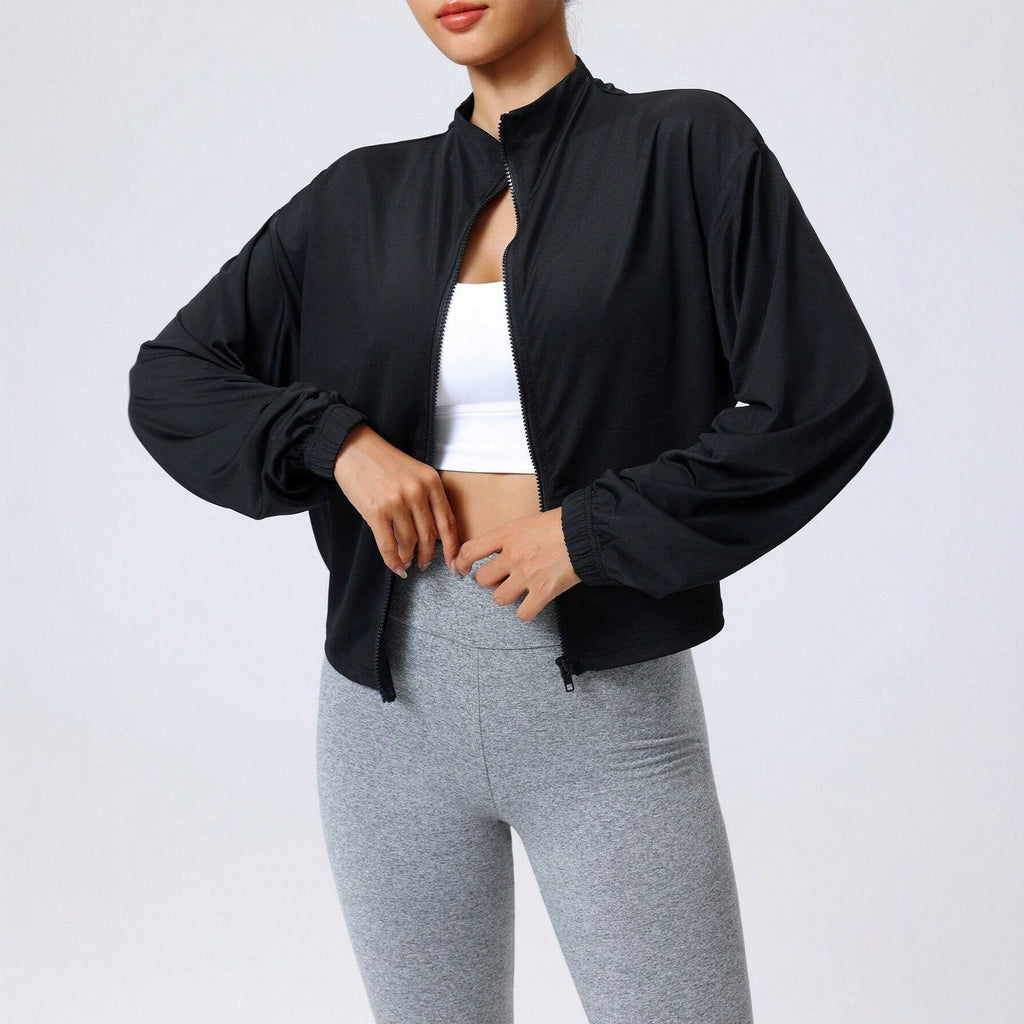 Pre-sale of European and American  women's new Korean version of popular women's clothing, black stand-up collar loose zipper sports jacket outside yoga