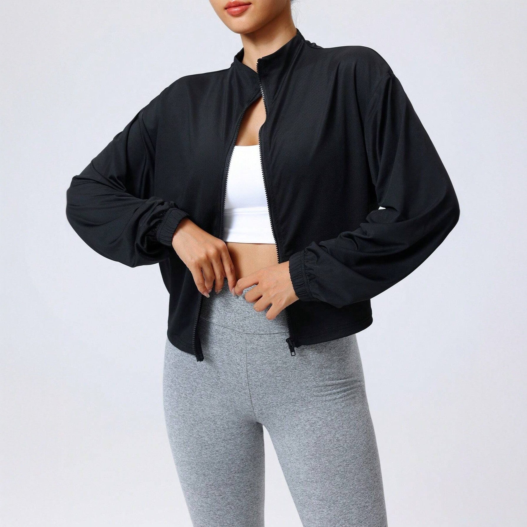 Pre-sale of European and American  women's new Korean version of popular women's clothing, black stand-up collar loose zipper sports jacket outside yoga
