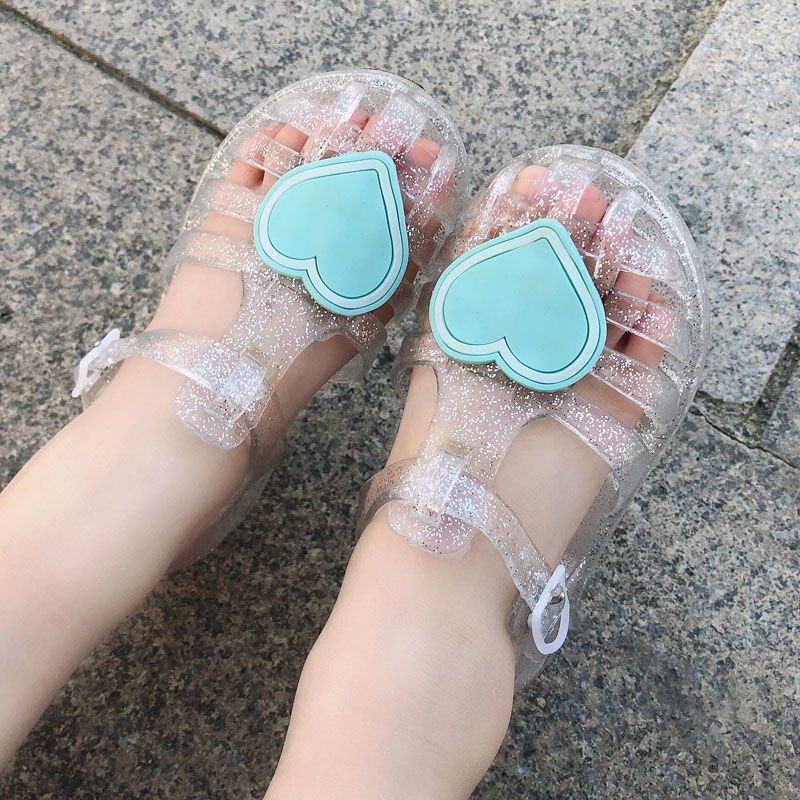 European and american fashion summer baby girl crystal toe jelly sandals and slippers - girls' casual heart-shaped princess beach shoes