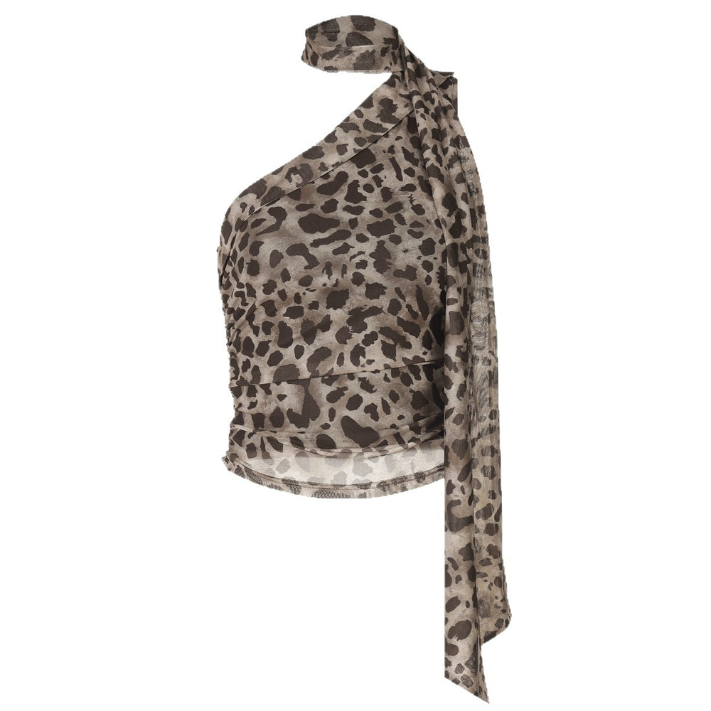 Fashion ins style hot girl women's clothing leopard print oblique shoulder sleeveless ribbon short tight vest tops