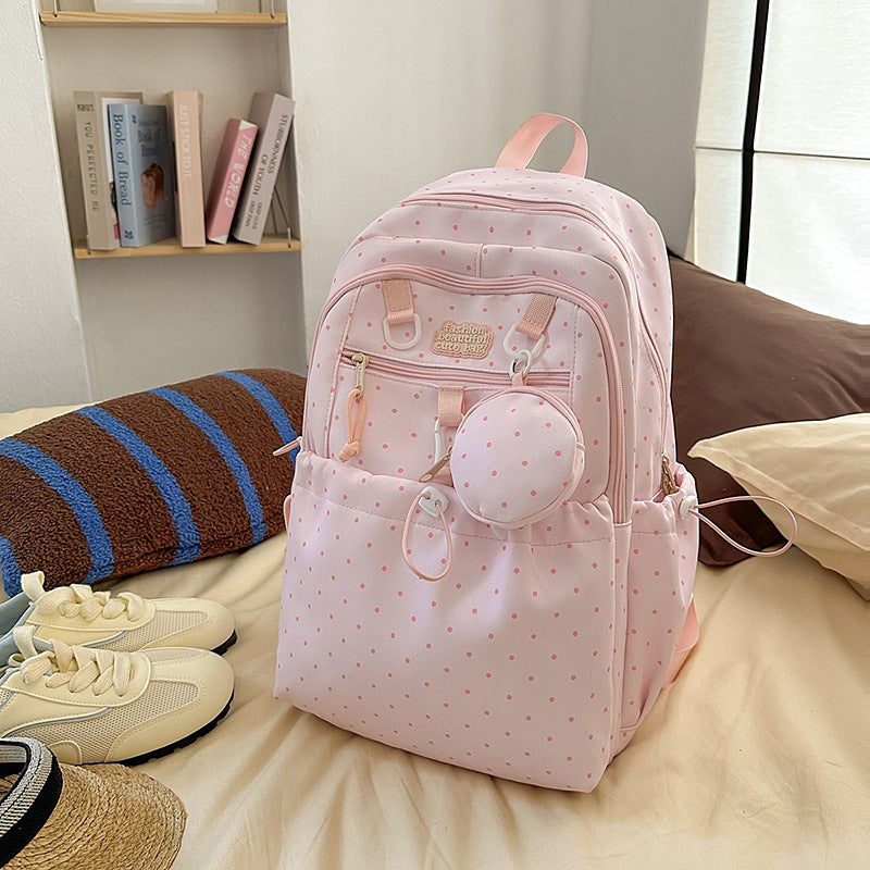 Korean style ins wind dot backpack with headphone holder - cute, fresh, and casual backpack for middle school, high school, and college students