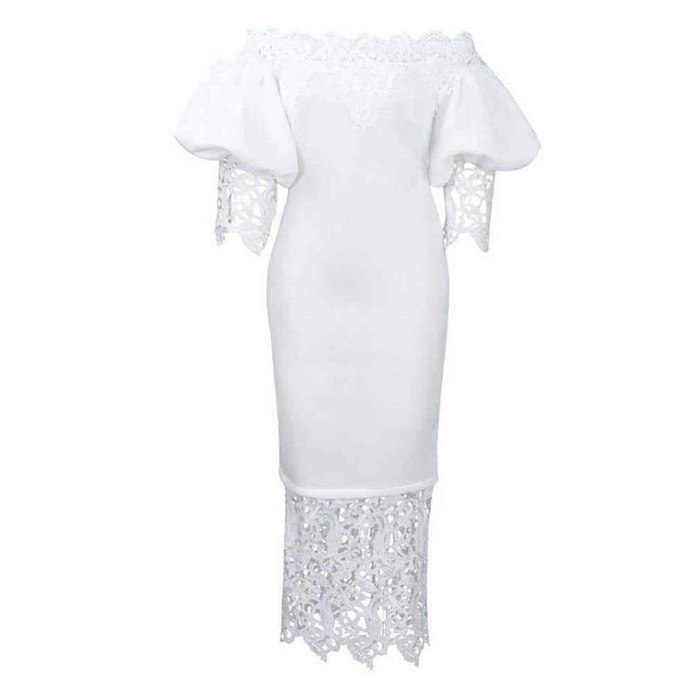 women's new one-line collar lacepatchwork banquet evening dress lantern sleeve ol bridesmaid dress exportdress