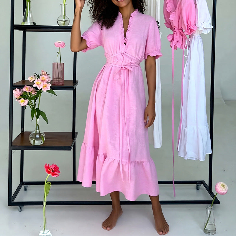 european and american export women's clothing: new summer dresses - french chic solid color tie-waist bubble sleeve maxi dress