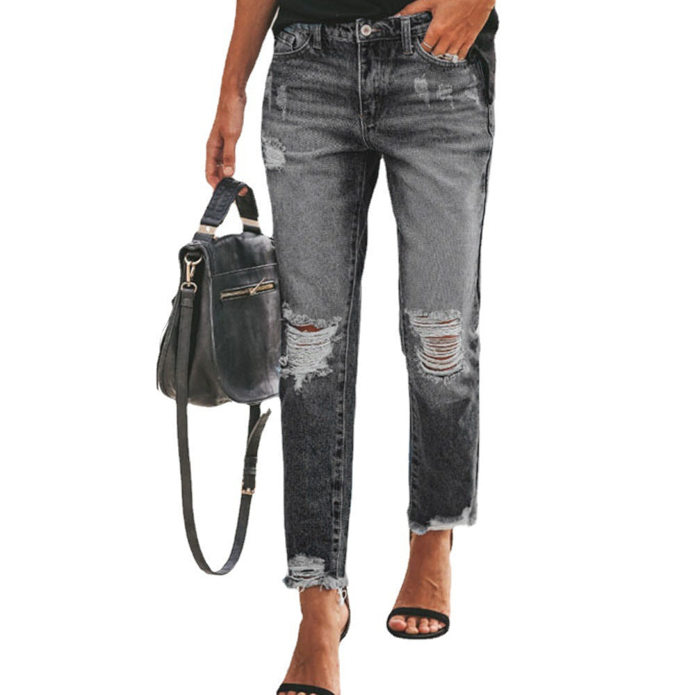 summer  cross-border e-commerce new denim distressed jeans,  trendy women's casual pants