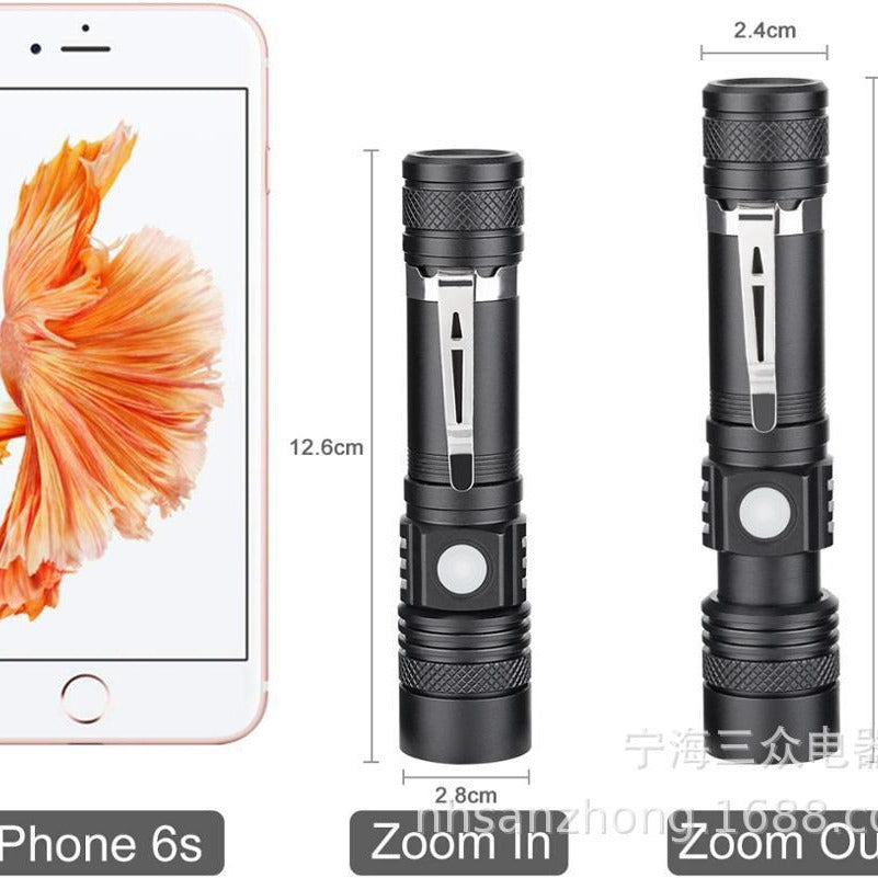 Factory direct sales mini USB strong light flashlight,  hot-selling T6 flashlight pen clip portable flashlight