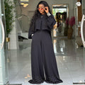 European and american cross-border women's clothing  summer new collection: round neck irregular lantern sleeve top and beaded wide-leg pant set