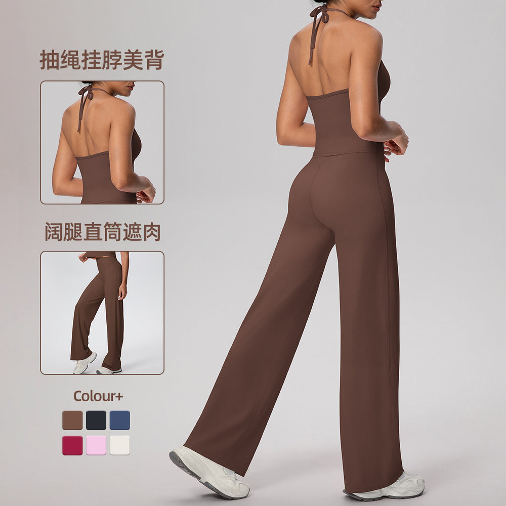 pure color brushed beautiful back tight strap halterhigh waist yoga suit sports running fitness two-piece set