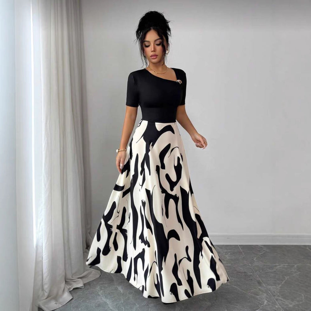 women's v-neck a-line dress with cinched waist, black and white abstract print, and metal buckle detail – elegant and versatile