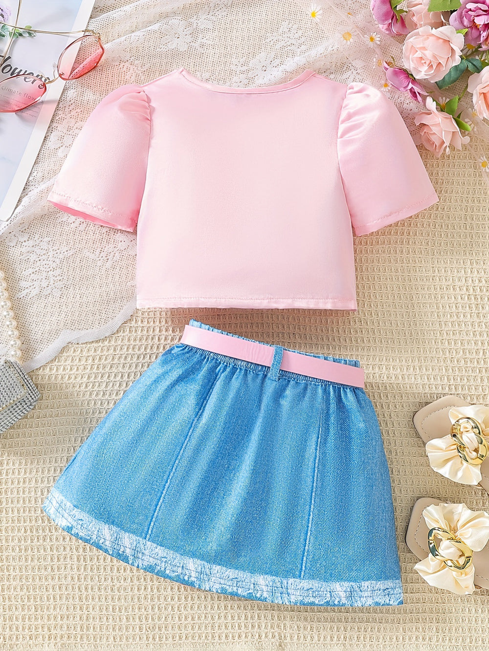 foreign trade exclusive children's pure color v-shaped pleated tops + imitation denim skirt children's suit