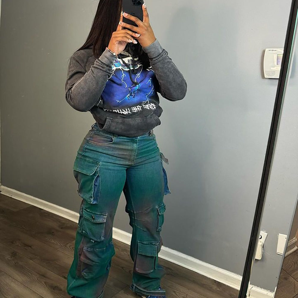 European and american cross-border women's fashion:  bestseller - trendy, unique, multi-pocket tie-dye denim jeans, high-waisted straight leg
