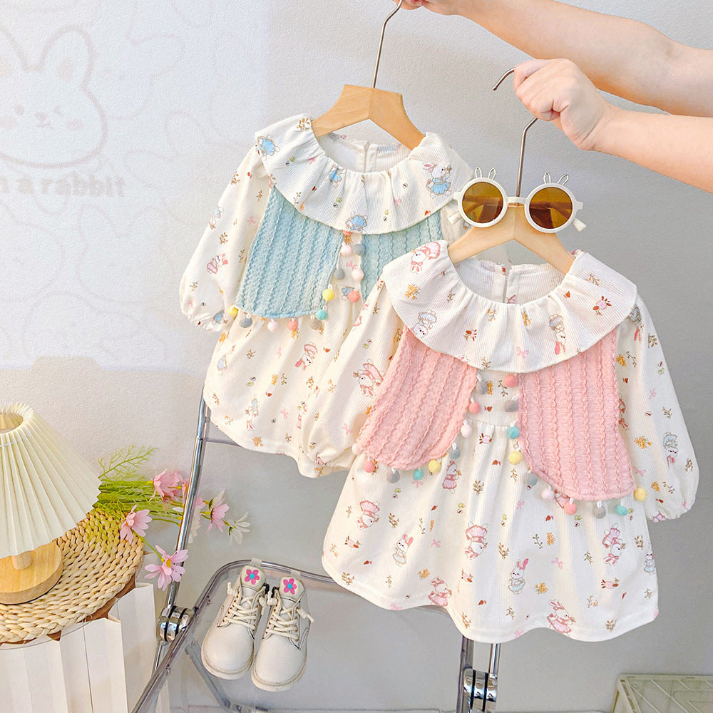 Sweet girls' dress: new autumn  collection - trendy cartoon graffiti faux two-piece dress, korean style fashion