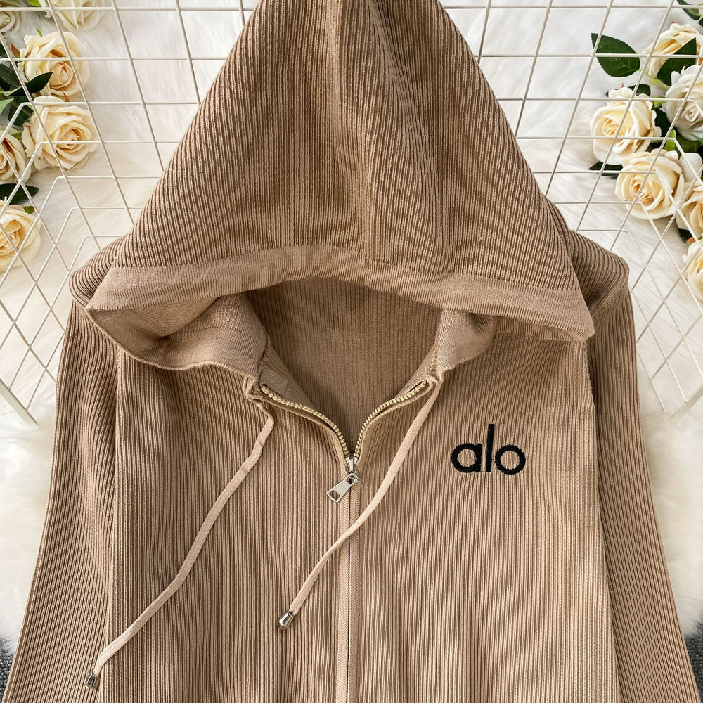 Women's casual activewear two-piece set: fall/winter letter embroidered zip-up hoodie knit sweater jacket & wide-leg pants
