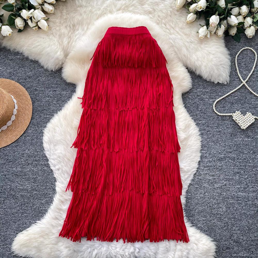 Retrocasual style tassel skirt women's high waist a-line skirt women's work clothingslimming look cake skirt niche style design classy sense
