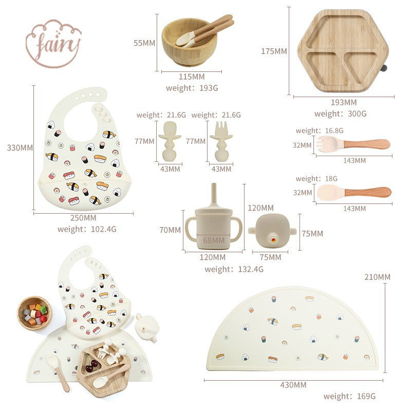 Cross-border hot-selling infants and young children eating complementary food silicone plate drinking water silicone feeding tableware seven-piece tableware set