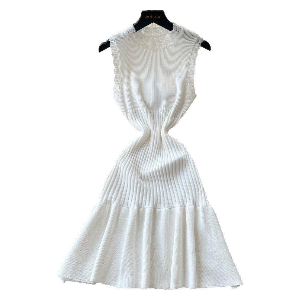K-stylework clothing sleeveless pleatedknittingdress women's summercut out waist a-line skirt pinkelegant skirt summer