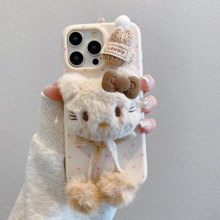 Leather texture apple 16 pro phone case, iphone 13/14 drop-proof, apple 17 plush hat kt design