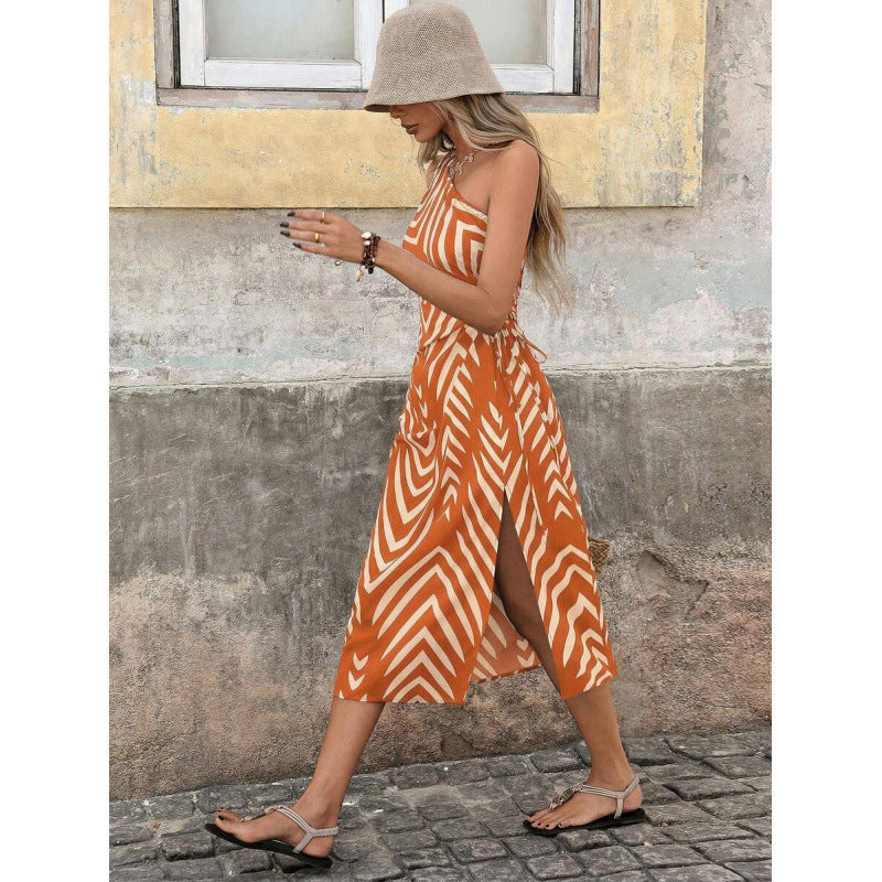 Amazon european bohemian style one-shoulder waist-cinching cutout drawstring slit vacation print dress for women