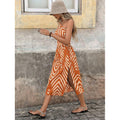 Amazon european bohemian style one-shoulder waist-cinching cutout drawstring slit vacation print dress for women