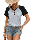 72519#  cross-border women's ins v-neck color block casual versatile t-shirt