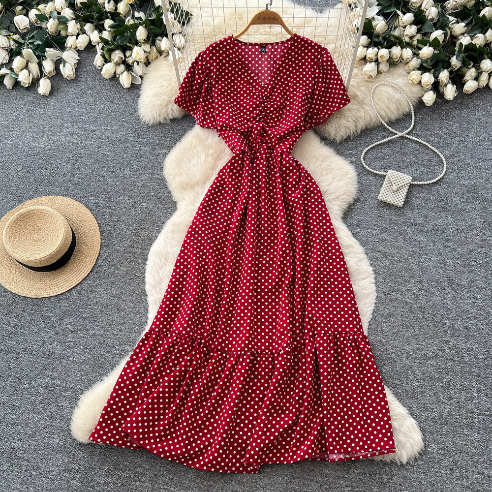 Frenchretro polka dot elegant short-sleeved dress women's summerv neck waist tie back a-line skirt slimming look elegant long skirt
