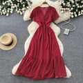 Frenchretro polka dot elegant short-sleeved dress women's summerv neck waist tie back a-line skirt slimming look elegant long skirt