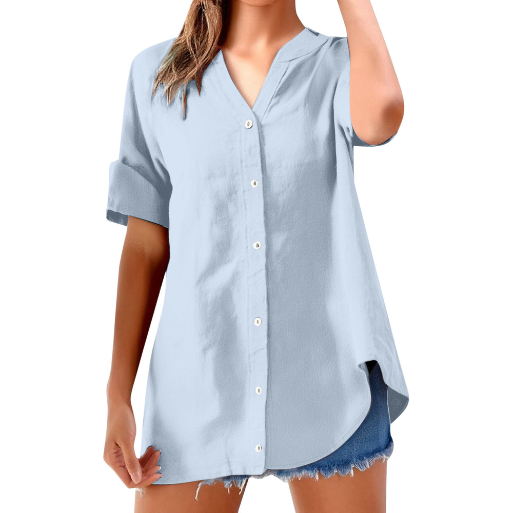 cross-border women's casual solid color stand collar button-down short sleeve shirt top