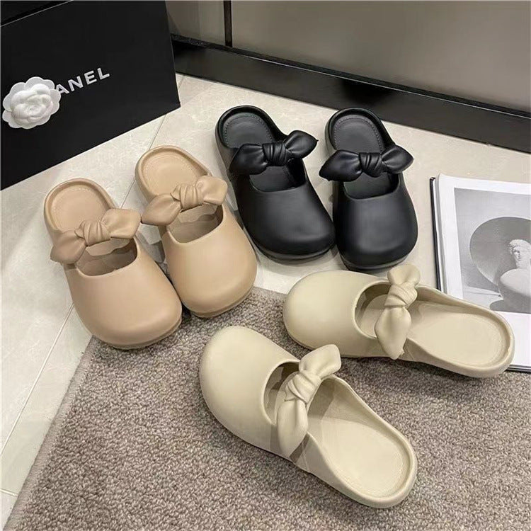 Bow-tie heeled slippers for women, perfect for summer wear. new 2024 style, these slip-on slippers are soft-soled, ideal for lounging at home or as stylish outdoor footwear