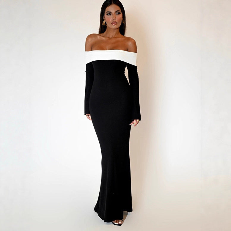 Exportfashion style winternew arrival women's fashioncontrast color one shoulder silmlong sleeves hip-covering mermaiddress women