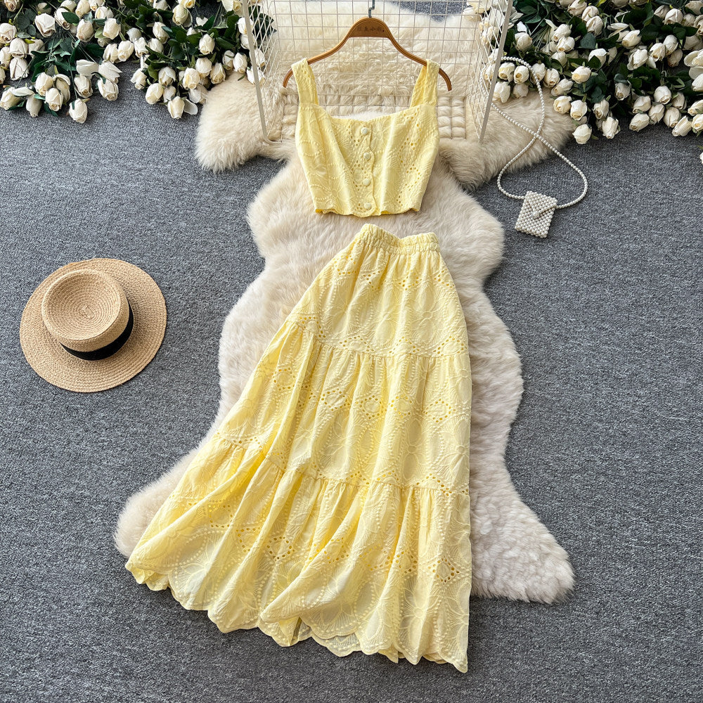 Super fairy holiday style cut outembroider camisole high waist skirt women's summer two-piece set silmelegantsuit