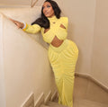 European and american cross-border women's fashion:  spring new arrival - solid color long sleeve stand collar cutout bandeau pleated maxi dress