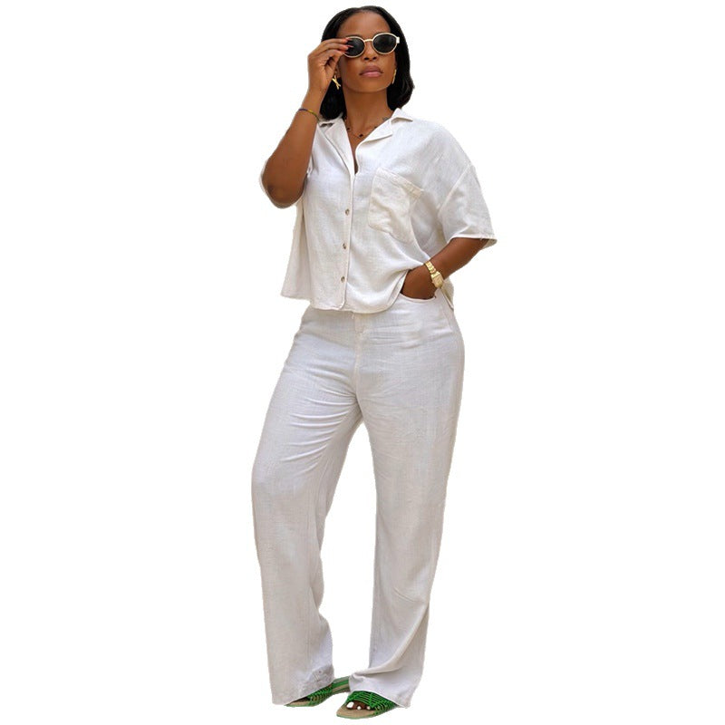European and american cross-border women's fashion  new arrival: african-inspired chic lapel short-sleeve blouse and high-waisted wide-leg pants casual set