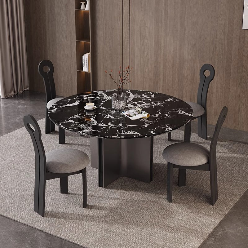 Black rose natural marble round dining table - italian minimalist style, modern designer luxury stone dining table
