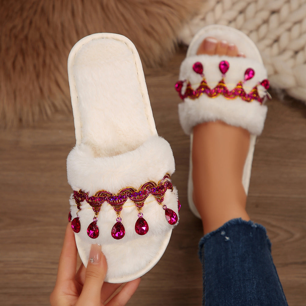 Thick sole fur slippers women's fall and winter indoor and outdoor 2025 new arrival tassel rhinestone stuffed slippers one-word cotton slippers women