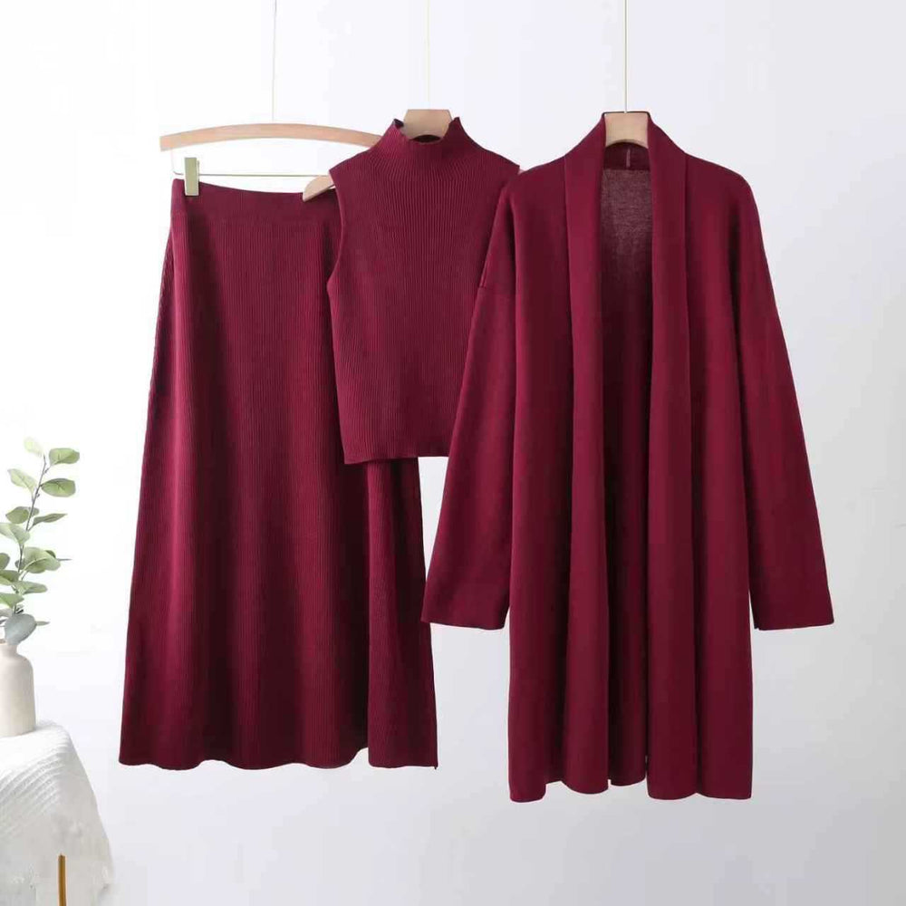 Korean style casual knit sweater set for women - new autumn/winter collection: high neck vest, midi skirt, and inner layer three-piece set