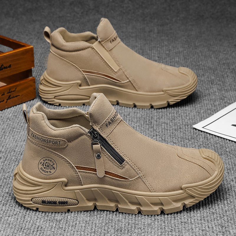 2025 spring new trendy men's anti-slip workwear versatile high-top zip-on slip-on chunky sole casual shoes