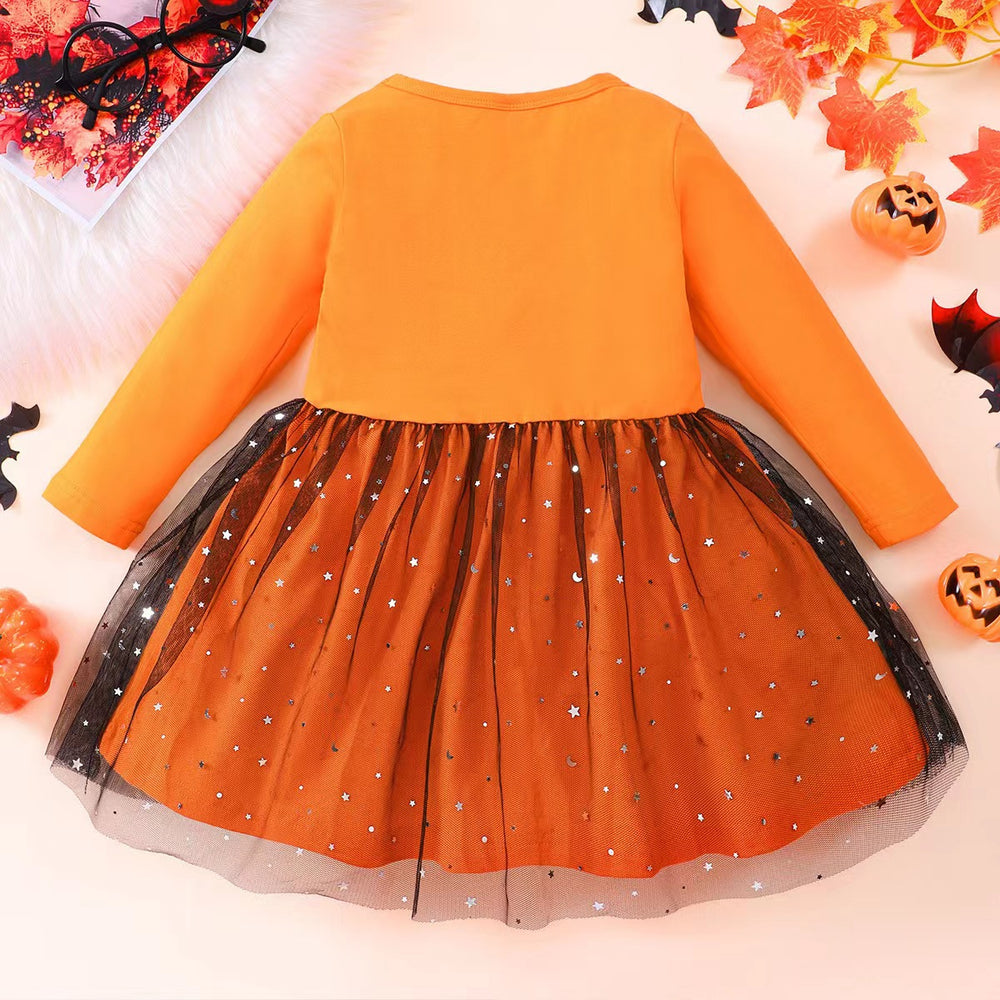 European and american style children's autumn new halloween girls' cute holiday long-sleeved bat mesh dress - trendy