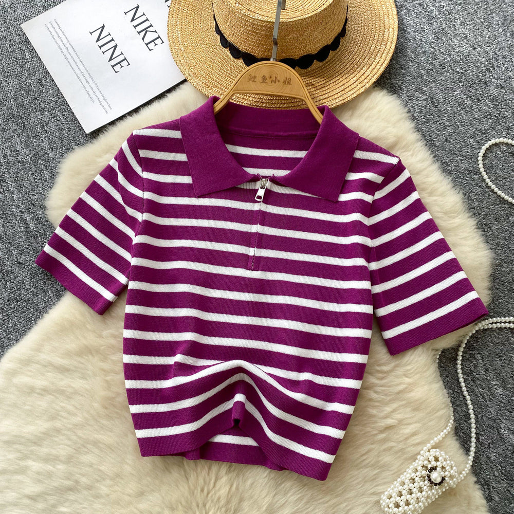 Women's short-sleeve knit top -  summer korean style, trendy color block striped tee, versatile top