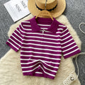 Women's short-sleeve knit top -  summer korean style, trendy color block striped tee, versatile top