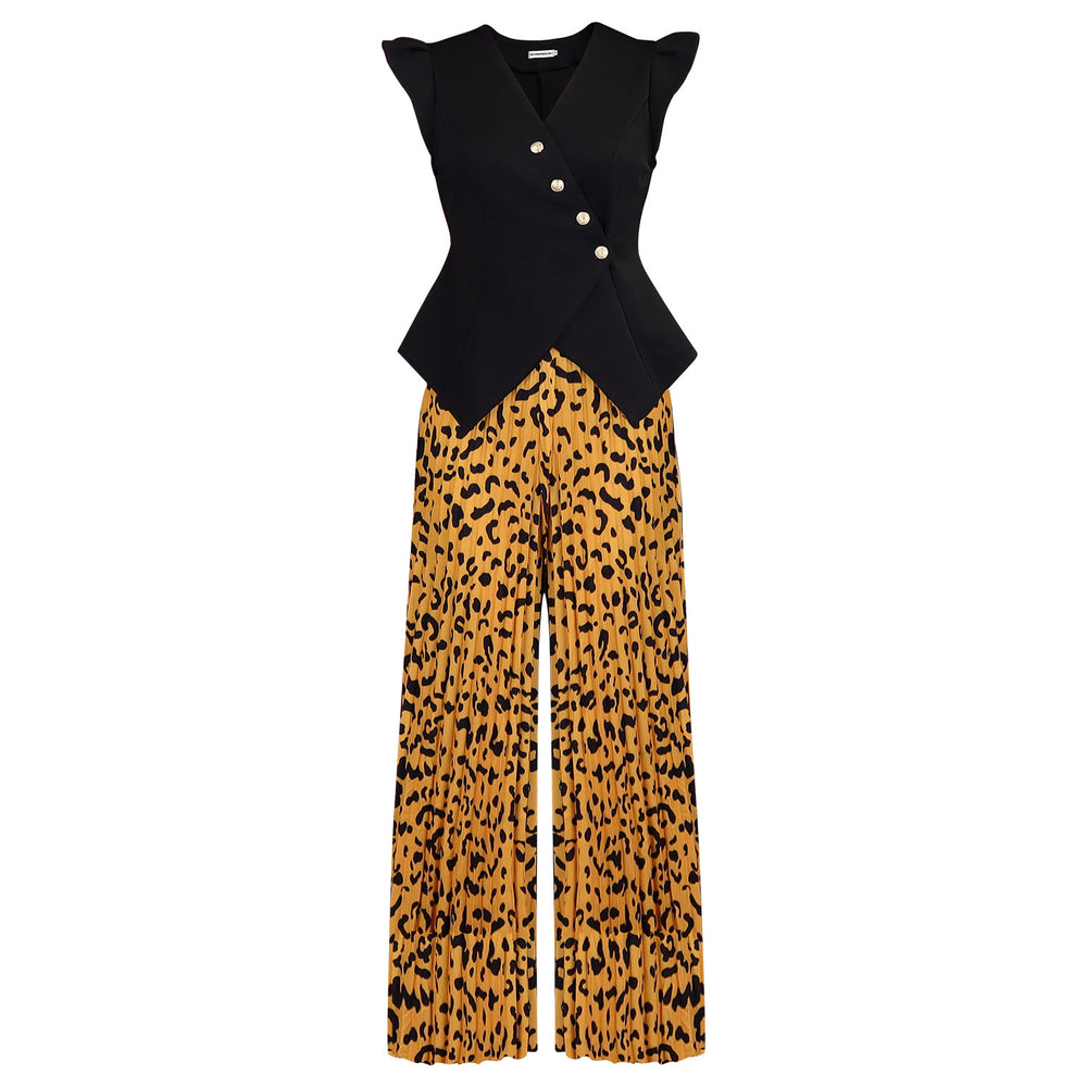 D632 european and american cross-border fashion sleeveless button-up solid color v-neck top with printed pleated wide-leg pants african two-piece set