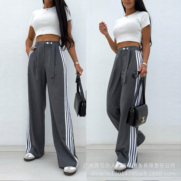 ODF4174 European and American women's clothing new striped splicing strap casual trousers