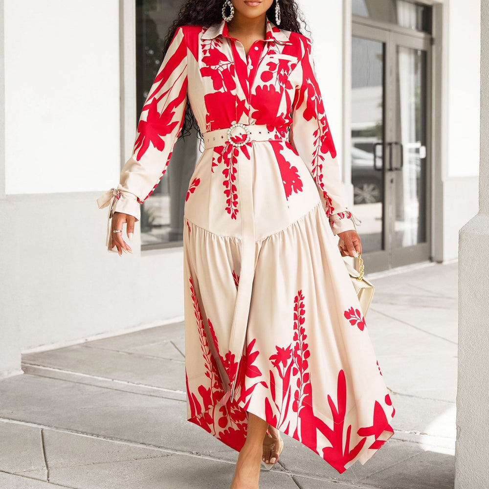 Amazon european and american women's summer new long-sleeved printed turn-down collar irregular loose plus size african export dress