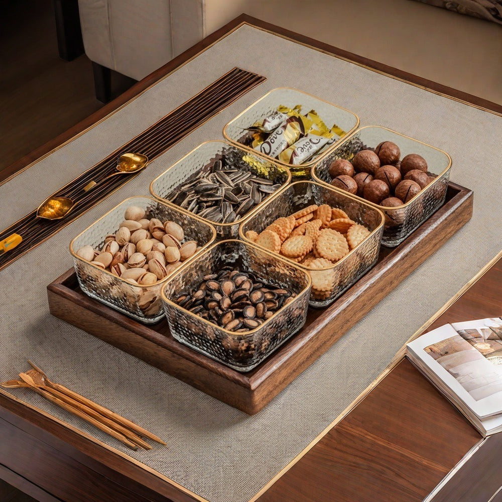 Walnut glass fruit plate living room for home high-end light luxury grid dried fruit plate new chinoiserie snack tea fruit plate