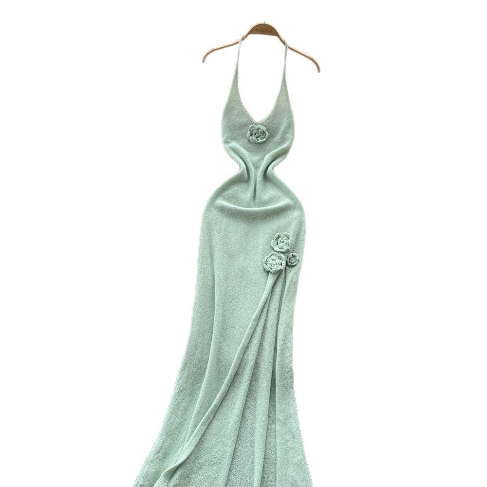 Fashionins pure lust hot girl halter suspender flower knittingdress female sense of design slit waist long skirt