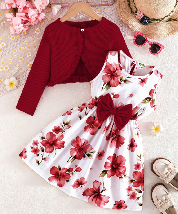 spring/autumn collection: girls' colorful suspender dress + solid color cardigan - new fashionable and elegant baby outfit