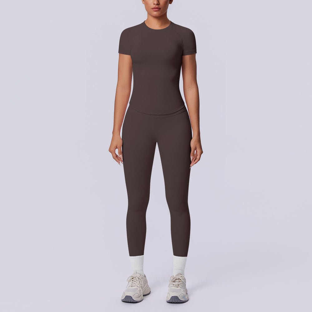 Seamless cross-border yoga set: shaping short-sleeve top & high-waisted butt-lifting leggings - perfect for running and fitness