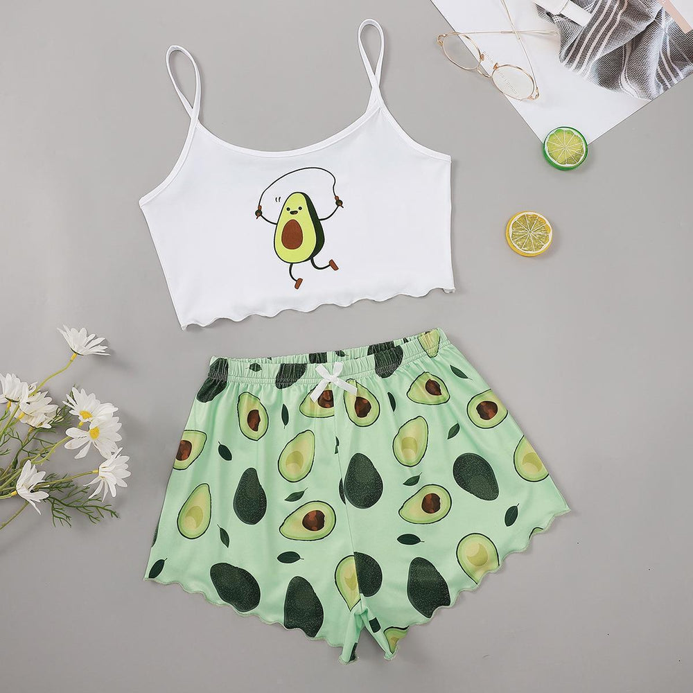 European and american summer women's sexy camisole top and shorts two-piece set - avocado print loungewear set - direct from the manufacturer