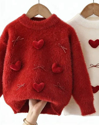 Girlsweaterthickened winternew arrivalkidsk-stylestereo heart imitation mink velvet knitted sweatersuit