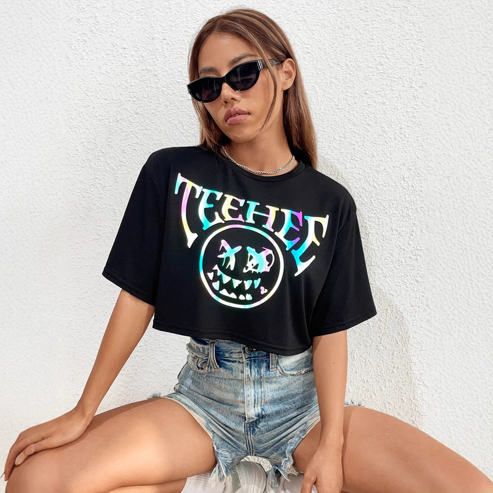 Pre-sale 53127#  cross-border women's fashion european and american ins fashion round neck printed short-sleeved t-shirt