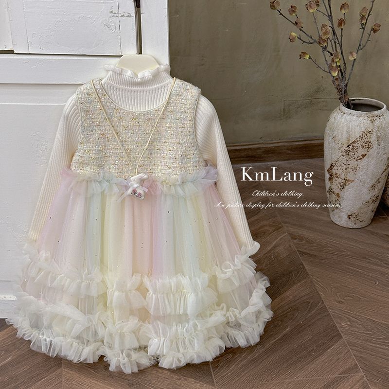 Girls' fashionable sweet tutu dress - fleece-lined gradient color vest dress with mesh skirt
