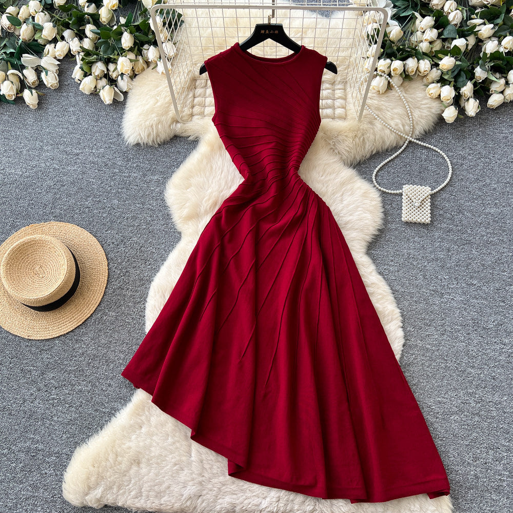 French sleeveless a-line dress women's summer red high waist waist large swing elegant vest dress classy sense